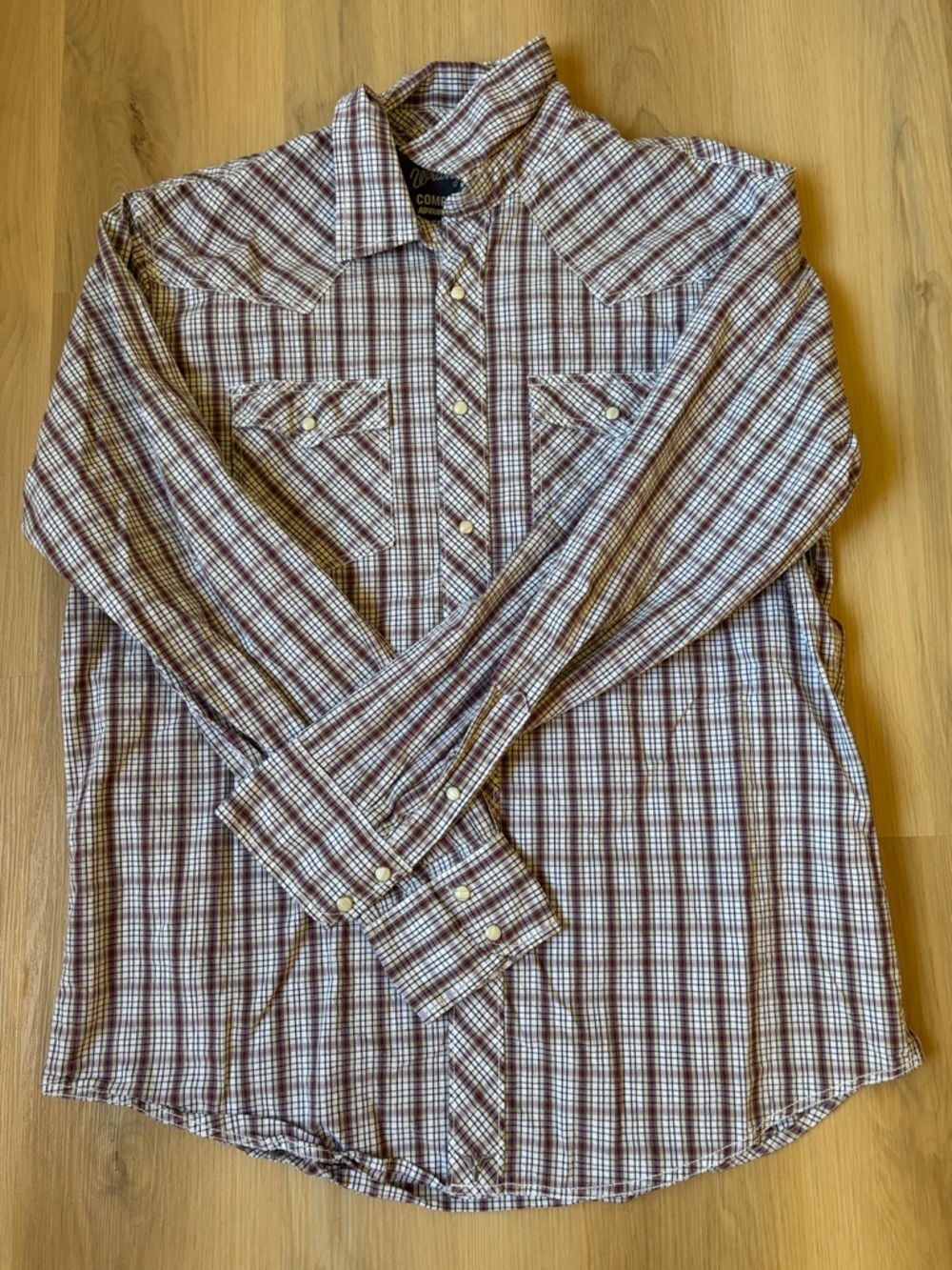 Wrangler - Men's Plaid Snap Button-Down Shirt - Maroon/White - XL